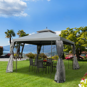 118" x 118" Steel Outdoor Patio Gazebo Canopy with Removable Mesh Curtains, Display Shelves, & Steel Frame, Gray