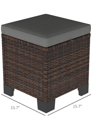 2 Piece Wicker Outdoor Ottomans with Cushions, Rattan Ottoman Footrest and Side Table for Patio, Yard, Poolside, Gray