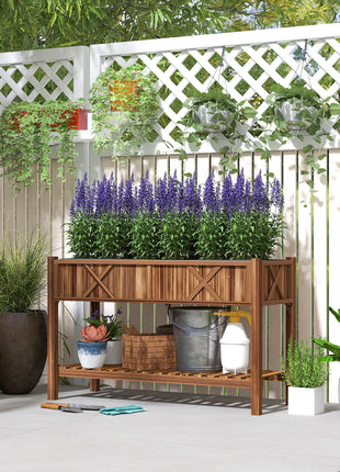 Raised Garden Bed, 47 x 22 x 31.5 in Elevated Wood Planter Box with Storage Shelf, Drainage Holes and Liner, Carbonized