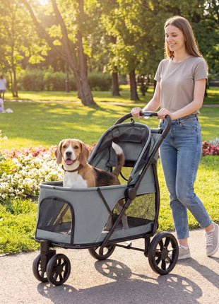 3 Wheel Pet Stroller with Easy One-Click Quick Fold, Mesh Window, Washable Cushion, for Medium Dogs, Gray