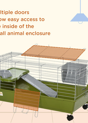 35"L Small Animal Cage, Rolling Bunny Cage, Guinea Pig Cage with Food Dish, Water Bottle, Hay Feeder, Platform, Ramp for Chinchilla, Green