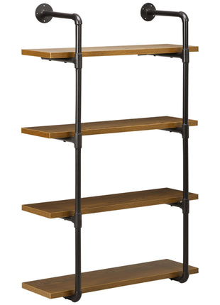 4-Tier Industrial Pipe Shelves Floating Wall Mounted Bookshelf, Metal Frame Display Rack, 1" Thickness Shelving Unit for Farmhouse, Kitchen, Bar, Rustic Brown
