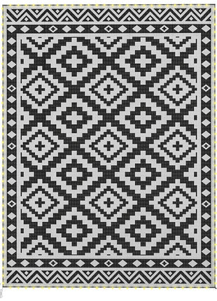 Outdoor Rug Carpet Reversible Plastic Straw Rug with LED Lights Black and White 12' x 9' for Patio