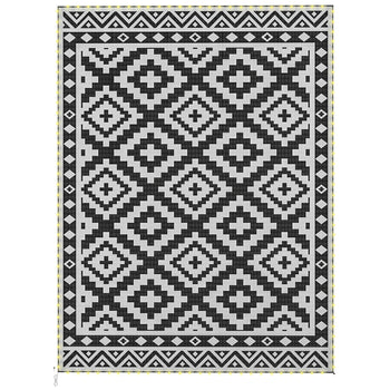 Outdoor Rug Carpet Reversible Plastic Straw Rug with LED Lights Black and White 12' x 9' for Patio