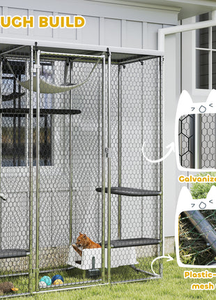 Catio Outdoor Cat Enclosure, Galvanized Steel Walk-in Cat Cage with Waterproof Cover, 5 Adjustable Platforms, Hammock