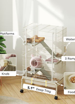 47" Small Animal Cage, 4 Levels Large Rolling Metal Ferret Cage w/ 5.9" Deep Tray, Ramps, Water Bottle, Food Dish, Beige