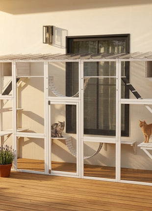 118" Large Outdoor Catio Cat Enclosure with Condos, Bridges & Posts, White