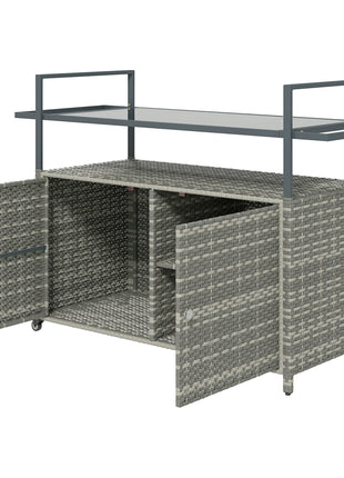 2-Tier Shelf PE Rattan Outdoor Bar Table, Glass Top Outdoor Serving Cart with Cabinet, Mixed Gray