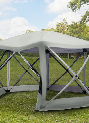 6-Sided Hexagon Pop Up Party Tent Gazebo with Mesh Netting Walls & Shaded Interior, 12' x 12', Beige