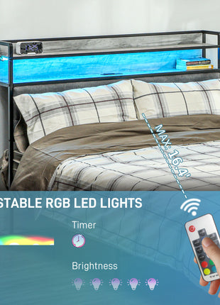 Full Bed Frame with Storage Upholstered Headboard, Full Size Bed Frame with LED Lights, Charging Station, Cement Gray
