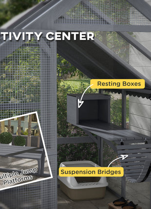 Wooden Catio Outdoor Cat Enclosure with Waterproof Cover, 2 Condos, 6 Platforms, Bridge, Doors, Gray
