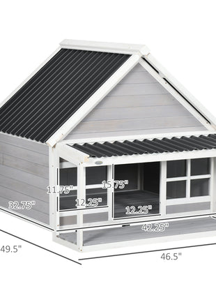 Wooden Dog House with Porch, Dog House Outdoor with Tilt Roof, Front Door, Windows for Medium Large Sized Dog