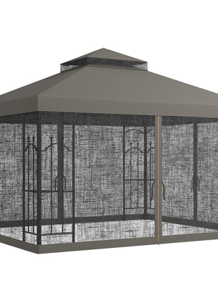 10x12 Gazebo with Shelves, Double Roof, and Netting for Outdoor Use, Perfect for Family Gatherings, Gray