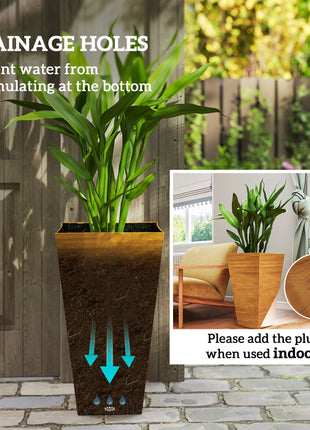 Set of 3 Tall Planters, 28" Outdoor Planter w/ Drainage Holes, Faux Wood Plastic Flower Pots, Light Brown