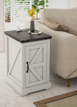 Farmhouse End Table with Storage, Side Table with Charging Station and USB Ports for Living Room, Distressed White