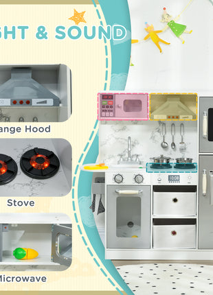 Play Kitchen Set for Kids W/ Lights Sounds, Apron and Chef Hat, White