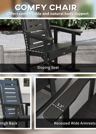 2 Pieces Outdoor Rocking Chairs, HDPE Patio Rockers with 28" High Back, Wide Armrests for Porch Backyard, Black