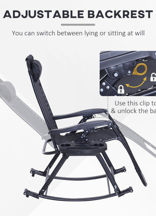 Outdoor Rocking Chairs, Foldable Reclining Zero Gravity Lounge Rocker with Pillow, Cup & Phone Holder, Combo Design with Folding Legs, Black