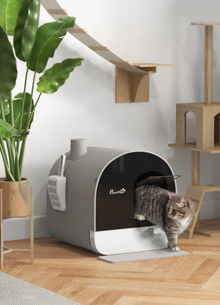 Cat Litter Box with Lid with Scoop and Filter, Light Gray