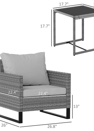 3PCS Patio Set, Wicker Bistro Set with Cushions, Rattan Chairs, Glass Coffee Table for Backyard, Porch, Balcony, Gray