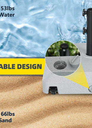 Patio Umbrella Base with Wheels, 53lbs Water or 66lbs Sand Filled, Heavy Duty Outdoor Umbrella Stand Holder, Gray