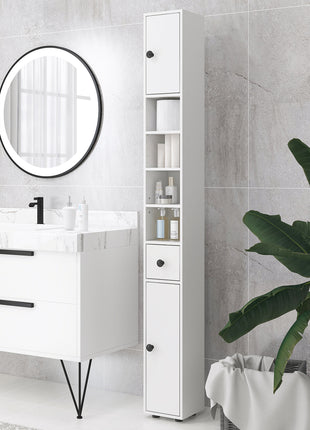 71" Small Bathroom Storage Cabinet, Narrow Toilet Paper Cabinet with Open Shelves, 2 Cabinets, Adjustable Shelves, White