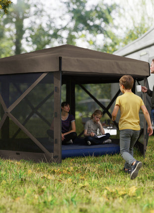12' x 12' Hexagonal Pop Up Gazebo Canopy Tent with 5 Sidewalls, Outdoor Canopy Shelter with Carry Bag, Brown