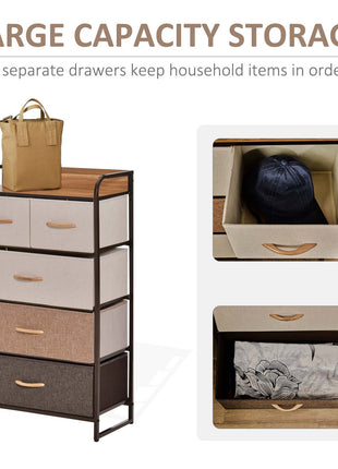 5-Drawer Fabric Dresser Tower, 4-Tier Storage Organizer with Steel Frame for Hallway, Bedroom, and Closet, Maple Wood