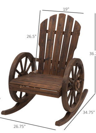 Wooden Rocking Chair, Adirondack Rocker Chair w/Slatted Design and Oversized Back, Outdoor Rocking Chair with Wagon Wheel Armrest for Porch, Poolside, and Garden, Carbonized