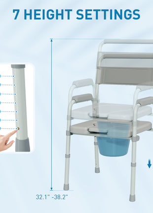 Bedside Commode Chair for Seniors, Adults, Handicap, Raised Toilet Seat with Arm, Adjustable Height, 331 lbs, Gray
