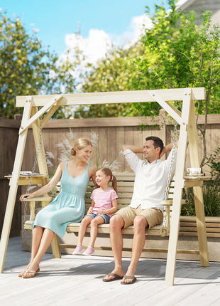 3 Seat Wooden Porch Swing with Stand, Patio Swing with Side Tables, for Garden, Poolside, Backyard, Natural Wood