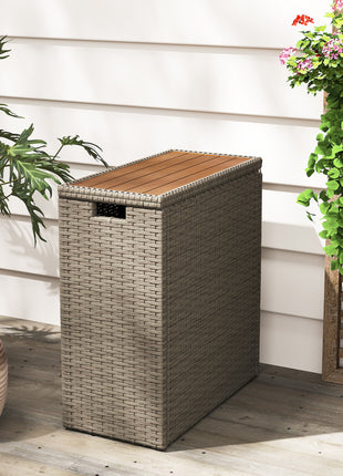 17-Gallon Small Deck Box, Wicker Outdoor Storage Box with Acacia Wood Top for Patio Cushions and Garden Tools, Teak