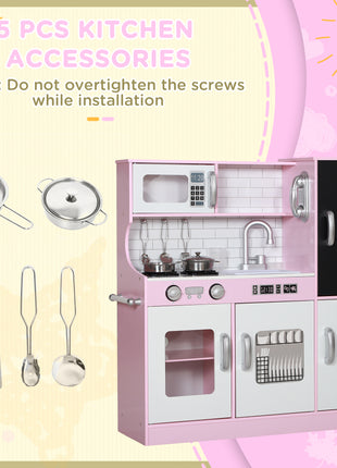 Pretend Play Kitchen, Kids Kitchen Playset with Play Phone, Chalkboard, Towel Rack & Ice Maker for 3-8 Years Pink