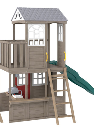 Two-Story Outdoor Playhouse, Wooden Kids Playhouse with Slide, Bench, BBQ Play Kitchen, Ladder, Lookout Platform, Clock