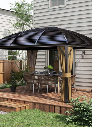 10' x 14' Hardtop Gazebo with Curtains, Netting, Pavilion with Steel Roof Ceiling Hook for Garden Patio, Brown