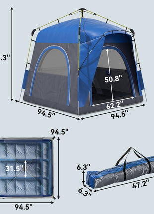 3 Person Pop Up Camping Tent Quick Setup Automatic Hydraulic Family Travel Tent w/ Windows Doors Carry Bag, Blue