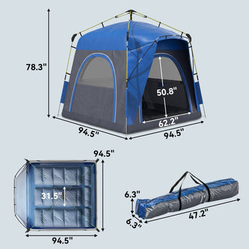 3 Person Pop Up Camping Tent Quick Setup Automatic Hydraulic Family Travel Tent w/ Windows Doors Carry Bag, Blue