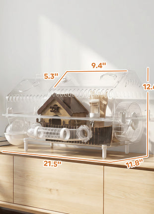 Hamster Cage with Large Wheel & Hideout, Small Animal Habitat with Accessories, Clear Pet House, 21.5" x 11.8" x 12.6",