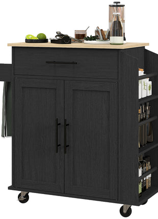 Rolling Island with Wheels for Kitchen, Kitchen Island on Rollers with Power Outlets, Drawer, and Doors, Black
