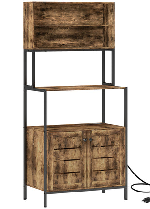 Baker's Rack with Power Outlet and Storage Shelves, Microwave Stand with Louvred Door Cabinets, Rustic Brown