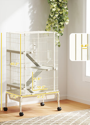 47" Small Animal Cage, 4 Levels Large Rolling Metal Ferret Cage w/ 5.9" Deep Tray, Ramps, Water Bottle, Food Dish, Beige