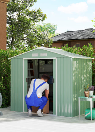 7' x 4' Outdoor Storage Shed, Garden Tool House w/ Foundation Kit Vents & Sliding Doors for Backyard Patio, Light Green