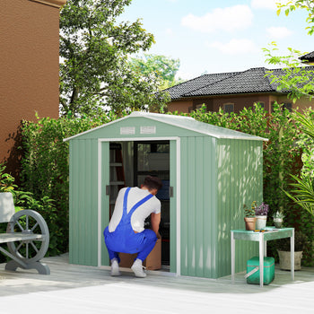 7' x 4' Outdoor Storage Shed, Garden Tool House w/ Foundation Kit Vents & Sliding Doors for Backyard Patio, Light Green