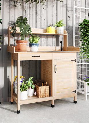 Potting Bench Table with Removable Sink, Outdoor Work Bench Table with Storage Cabinet, Hooks, Faucet and Drawer for Greenhouse, Garden, Patio, Natural Wood