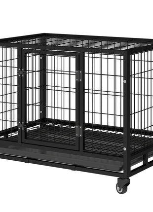 36" Heavy Duty Dog Crate with Removable Tray, Lockable Wheels and Double Door, for Medium and Large Dogs, Black