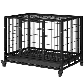 36" Heavy Duty Dog Crate with Removable Tray, Lockable Wheels and Double Door, for Medium and Large Dogs, Black