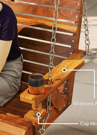 3-Seater Swing Bench, Wooden Porch Swing with Cupholders, Hanging Chains for Patio Garden, Carbonized