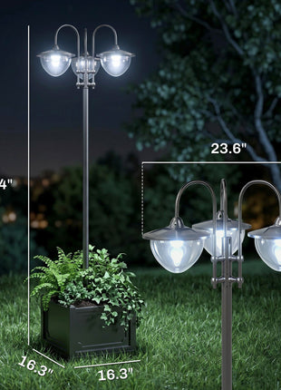 74.5" 3-head Solar Lamp Post Light with Planter, Solar Pole Lights Outdoor Waterproof LED Lighting for Backyard Pathway Patio Lawn Driveway Decor, Black