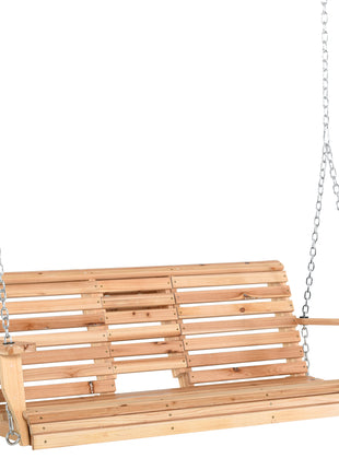 3-Seater Wooden Porch Swing, Patio Swing Bench with Folding Coffee Table, Cup Holders and Chains Included, 440lbs Weight Capacity, Natural