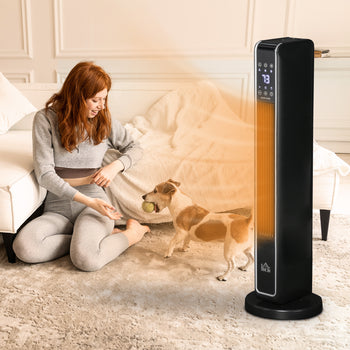 2-In-1 Portable Electric Tower Heater, Oscillating Space Heater for Indoor Use with Remote Control, 8H Timer, Black